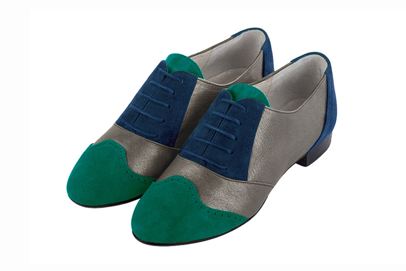 Emerald green, taupe brown and navy blue women's fashion lace-up shoes.. Front view - Florence KOOIJMAN